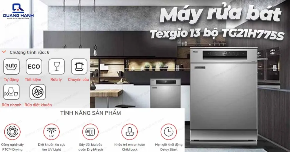 Máy rửa bát Texgio TG21H775S tích hợp nhiều tính năng hiện đại