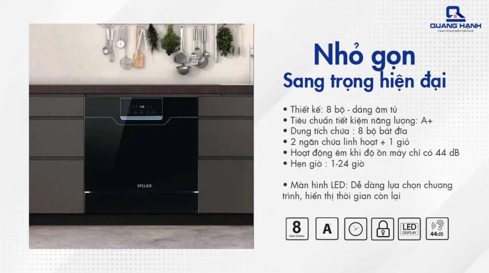 Máy rửa bát Spelier SP-08UOZ thiết kế kiểu dáng hình chữ nhật dọc gọn đẹp