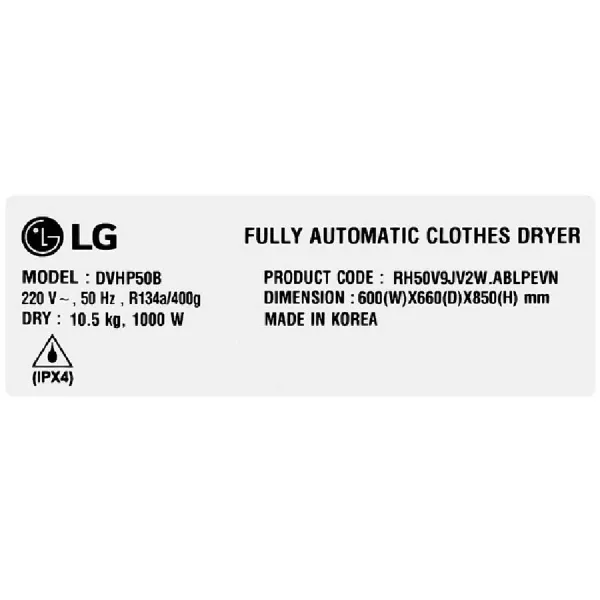 Máy sấy bơm nhiệt LG 10.5 KG DVHP50B