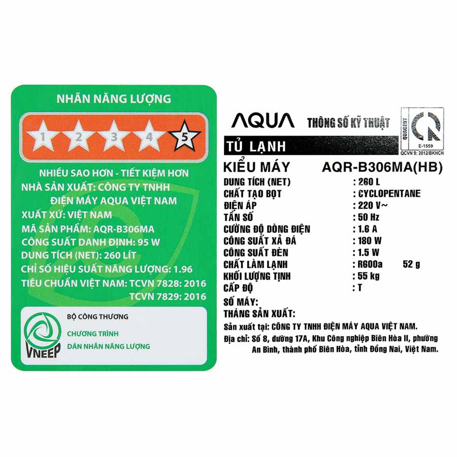 Tủ lạnh Aqua Inverter 260 lít AQR-B306MA(HB)