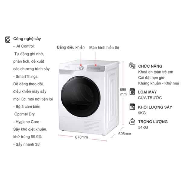 Máy sấy bơm nhiệt Samsung Inverter 9 kg DV90T7240BH/SV