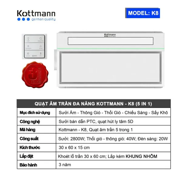Quạt sưởi âm trần Kottmann K8