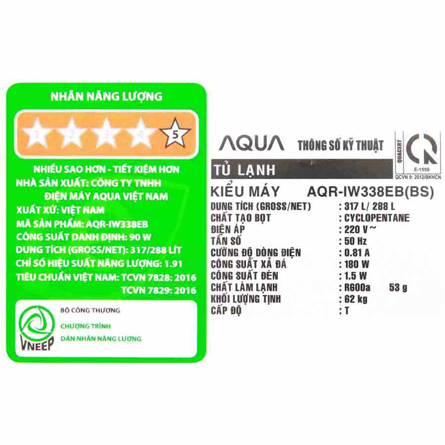 Tủ lạnh Aqua Inverter 288 lít AQR-IW338EB (BS)
