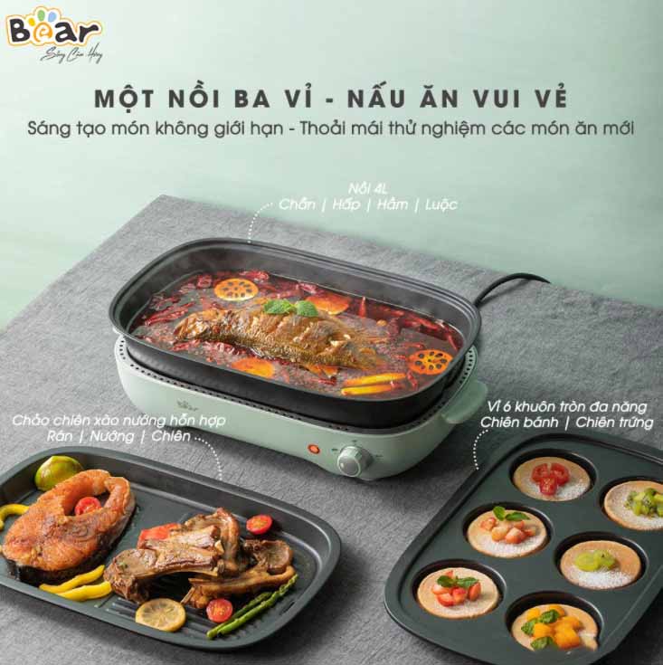 Nồi Lẩu Nướng Đa Năng 3 in 1 Bear SUBE004