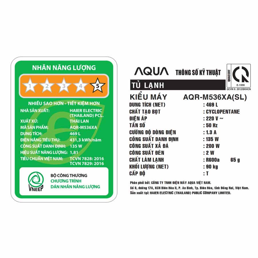Tủ lạnh Aqua Inverter 469 lít Multi Door AQR-M536XA(SL)