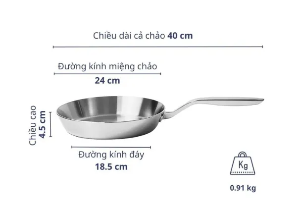 Chảo đúc inox 3 lớp đáy liền Tri-Ply Kaiyo KIP24 size 24cm