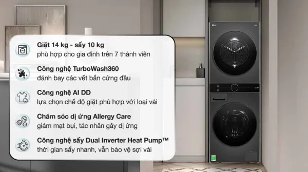 Tháp giặt sấy LG Inverter WT1410NHB