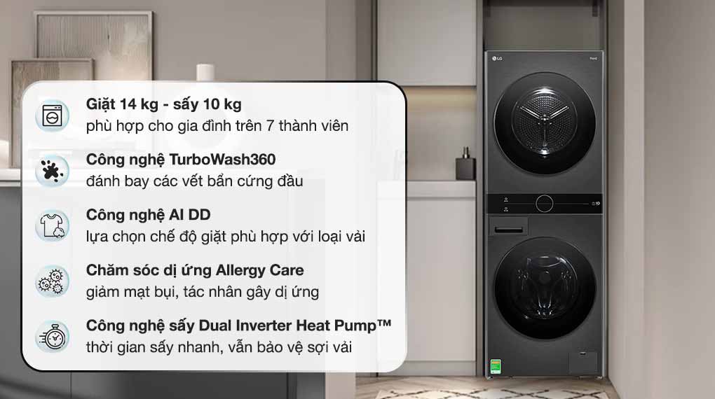 Tháp giặt sấy LG Inverter WT1410NHB