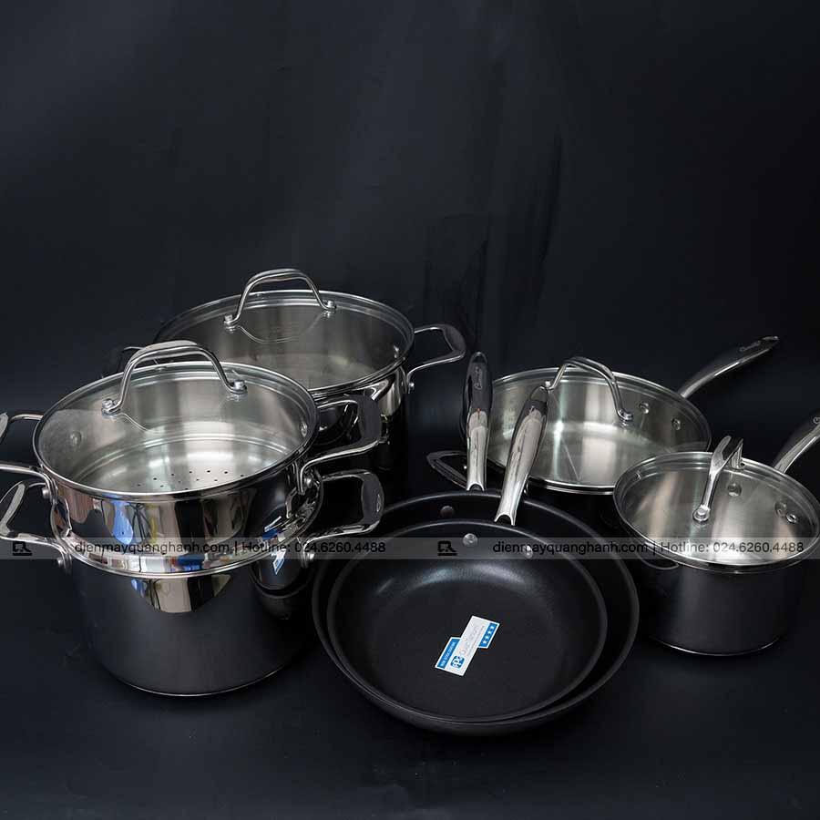 Ảnh thực tế Bộ nồi inox cao cấp Ciwete 7 món có xửng hấp (chảo chống dính) SS0103-11PC NEW-NS