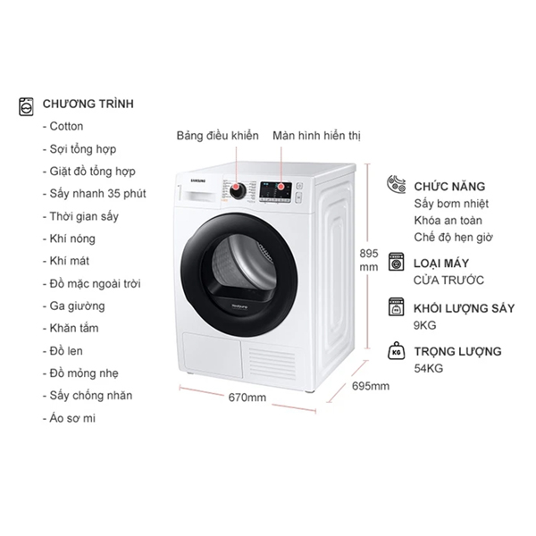 Máy sấy bơm nhiệt Samsung 9 kg DV90TA240AE/SV