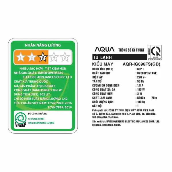 Tủ lạnh AQUA Inverter 602 Lít AQR-IG696FS (GB)