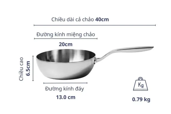Chảo đúc inox sâu lòng 3 lớp đáy liền Tri-Ply Kaiyo KIW20 size 20cm