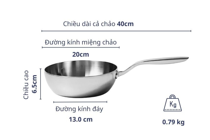 Chảo đúc inox sâu lòng 3 lớp đáy liền Tri-Ply Kaiyo KIW20 size 20cm - toàn cảnh sản phẩm