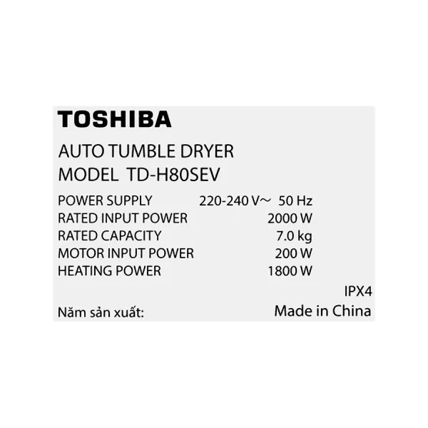 Máy sấy thông hơi Toshiba TD-H80SEV(WK) 7 kg