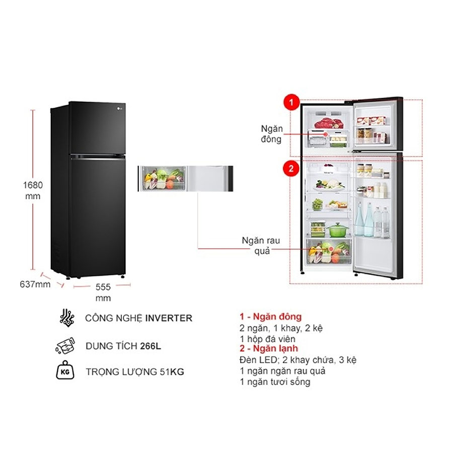 Tủ lạnh LG Inverter 266 lít LTB26BLM